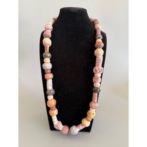 Handmade Chunky Clay Ceramic Bead Necklace 28" Carved Painted Earth Tones Boho